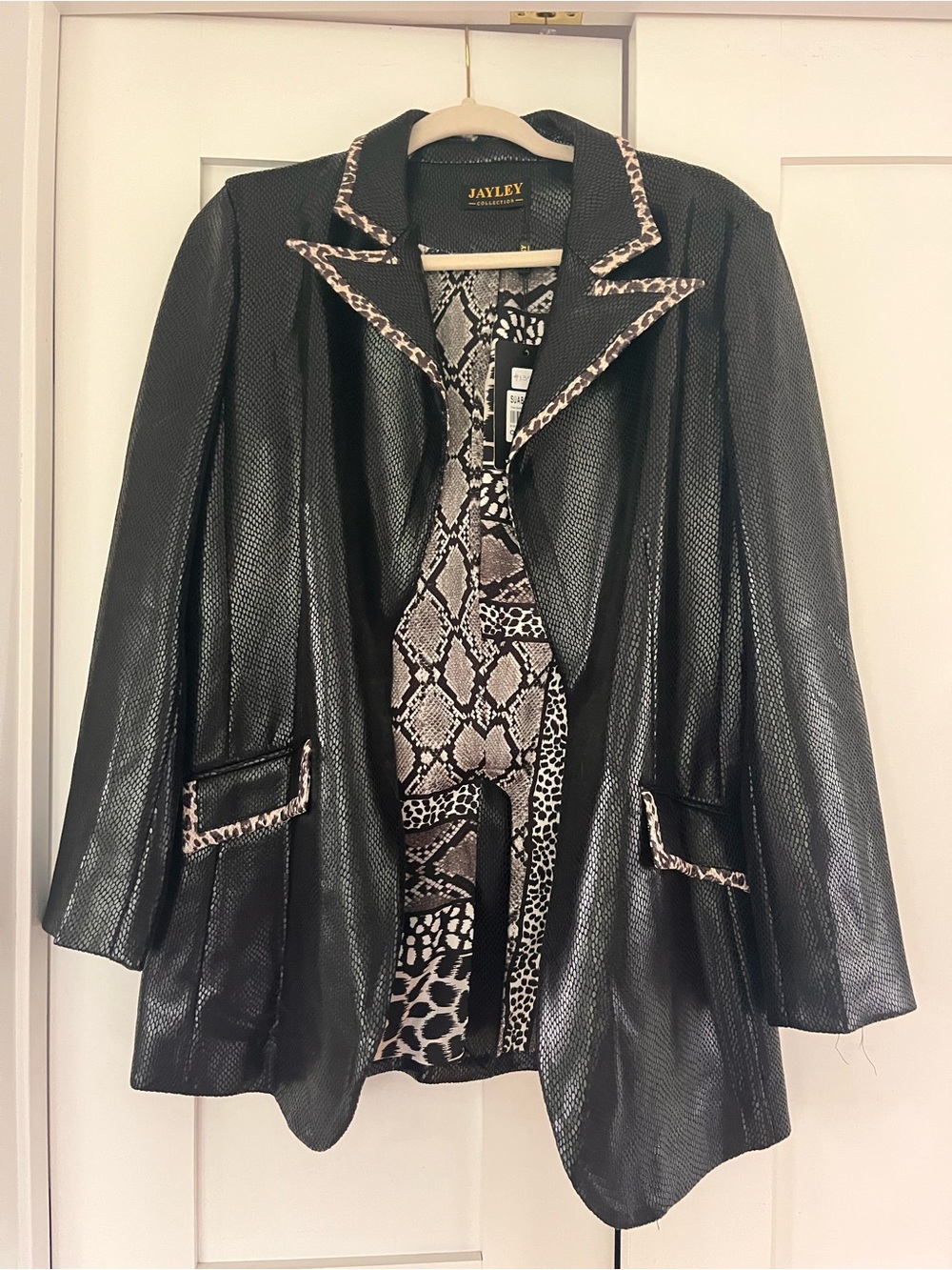 Jayley Black Faux Leather Blazer with Snake-Print Trim